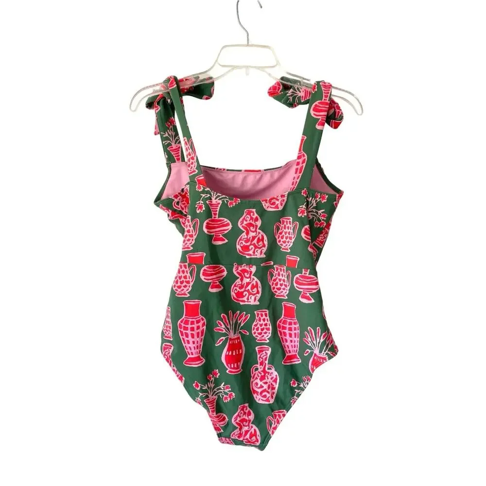 Celia B Granato One Piece Tie Shoulder Swimsuit Green Pink Size XL